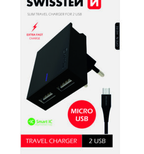 Swissten Φορτιστής ταξιδιού 2xUSB 3A Smart IC + Καλώδιο MicroUSB ,Μαύρος